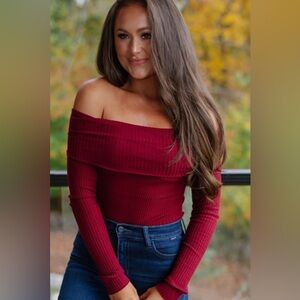 These Three Boutique Off-Shoulder Burgundy Sweater